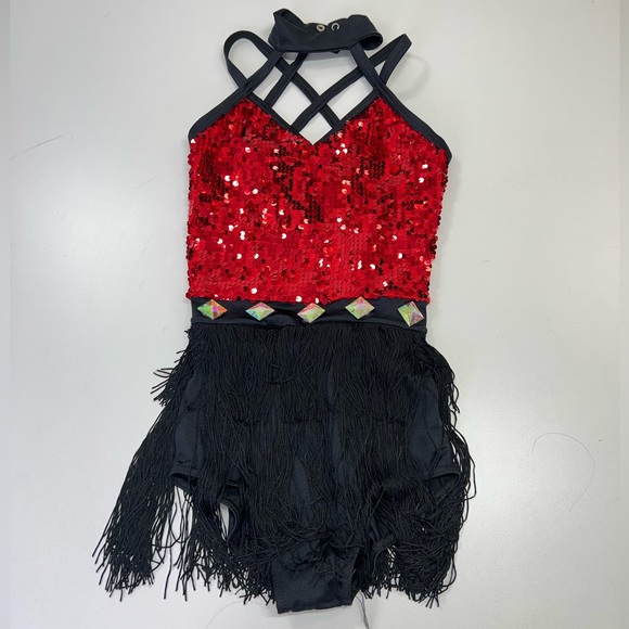 Weissman Dance Costume Sequin Fringe Rhinestone Leotard Red Black Adult XS NEW - Picture 2 of 13